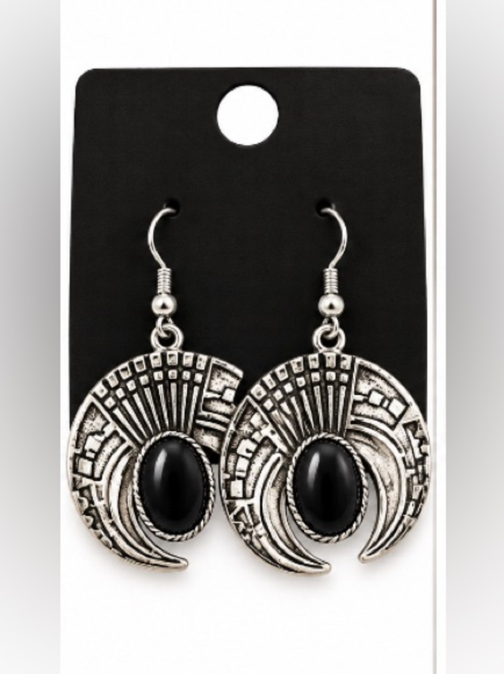 Boho Silver-Tone Black Stone Crescent Drop Earrings